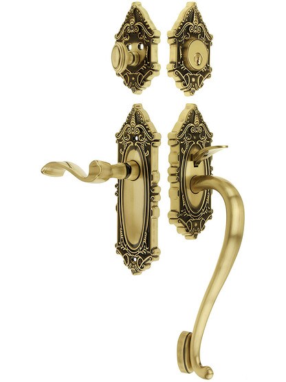Grandeur Grande Victorian Thumblatch Entrance Set With Portofino Lever - Right-Handed in Antique Brass.